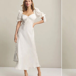 SOLD- Selkie White Satin Maxi Dress with Puff Sleeves